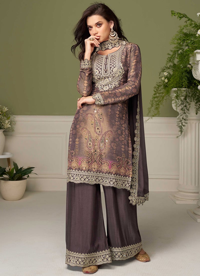 Grey Chinon Embroidered Stones Sequins Printed Palazzo Suit Festive Wear