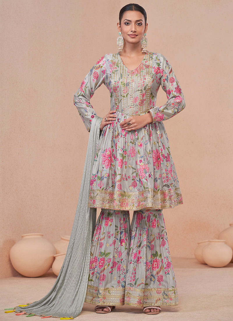 PURE CHINON SILK WITH ATTRACTIVE EMBROIDERY SEQUENCE AND THREAD WORK WITH DIGITAL PRINT WORK SHARARA KURTI