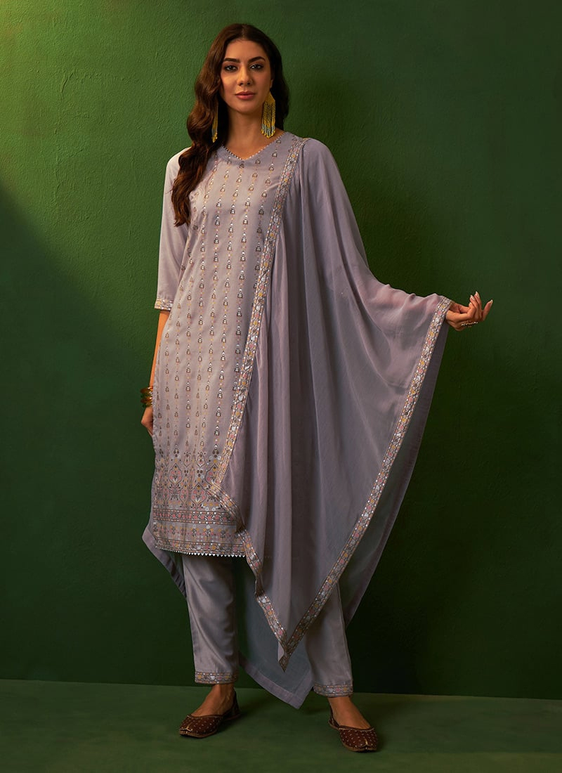 Designer Party Wear Chinon Salwar Suit Grey Chinon Pant Straight main image 1