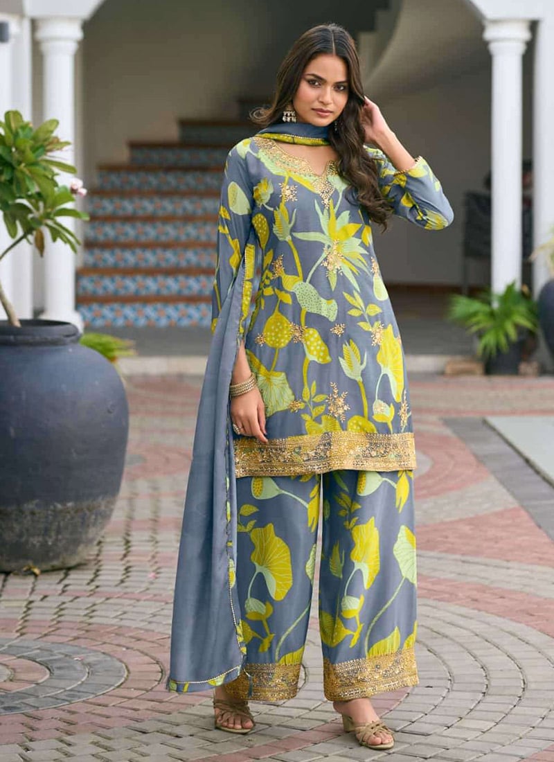 Grey Chinon Sequins Embroidered Digital Print Palazzo Suit Festive Wear