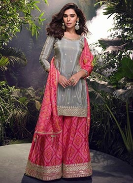 Grey Chinon Silk Embroidered Sequins And Bandhini Print Palazzo Suit