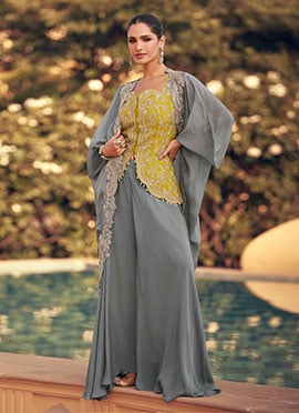 Grey Chinon Silk Embroidered Sequins Beads Work Indowestern Jacket Palazzo Set Wedding Wear