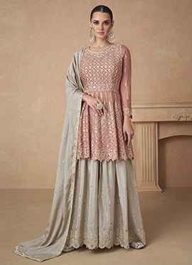 Grey Chinon Silk Embroidered Sharara Suit
