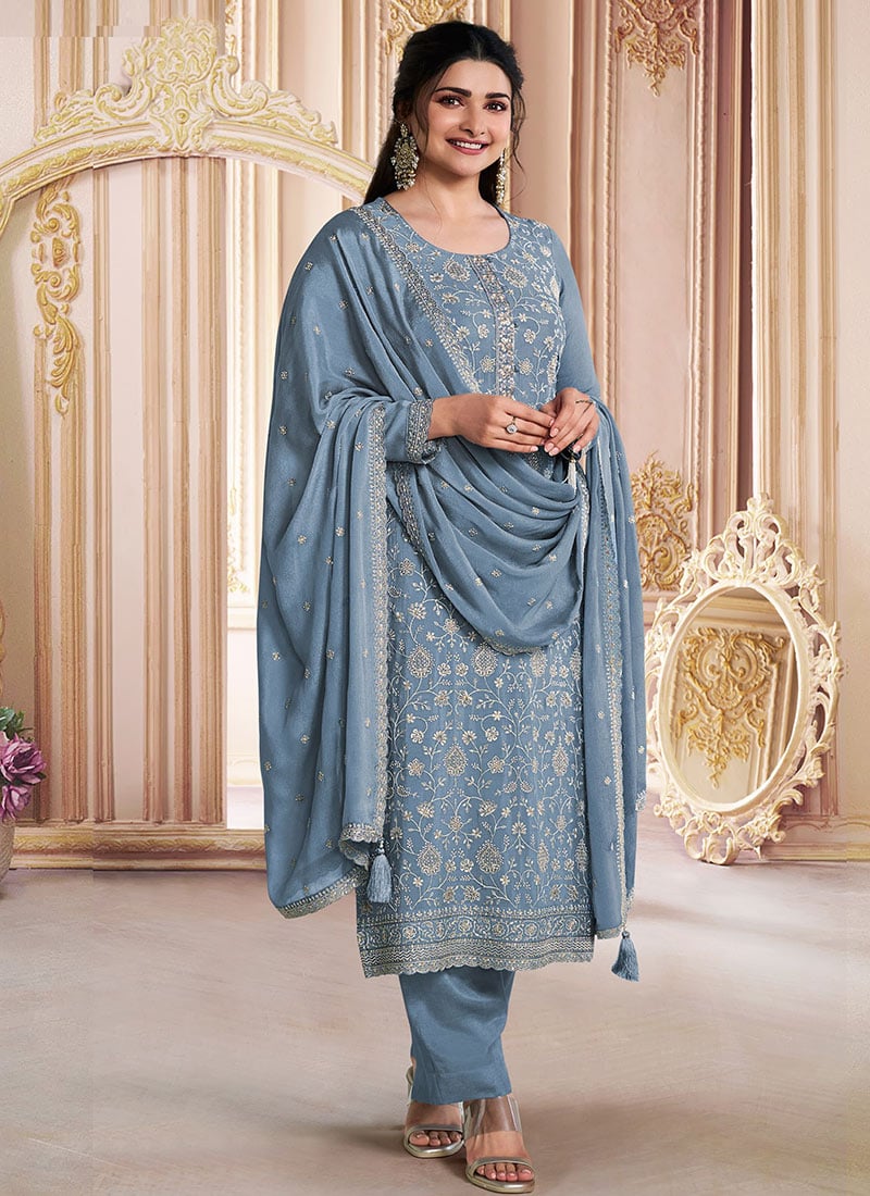 Grey Chinon Silk Stone Embroidered Sequins Straight Pant Suit By Prachi Desai Festive Wear