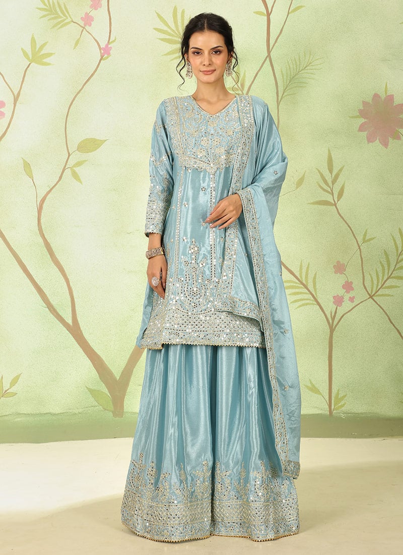 Grey Chinon Silk Zari Embroidered Sequins Palazzo Suit