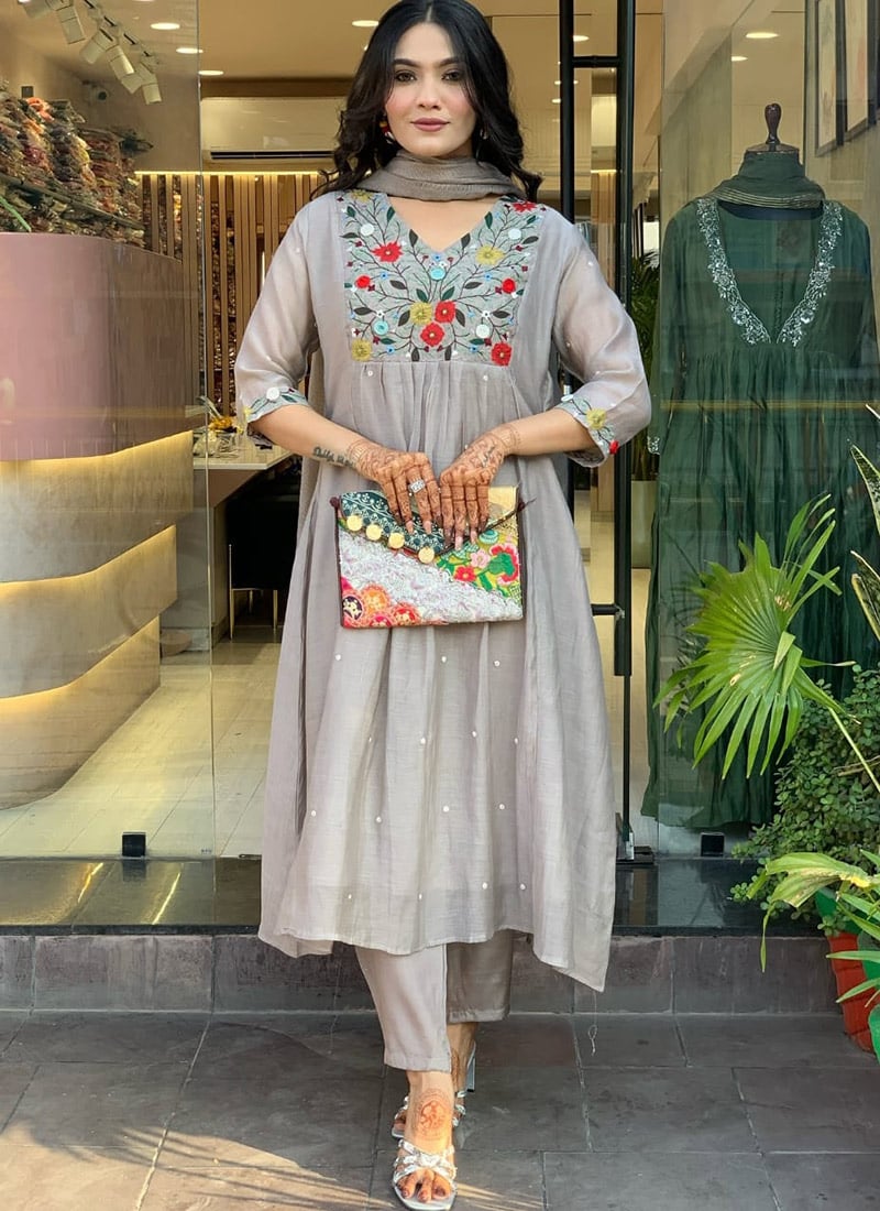 Grey Chinon Viscose Embroidered A Line Straight Pant Suit