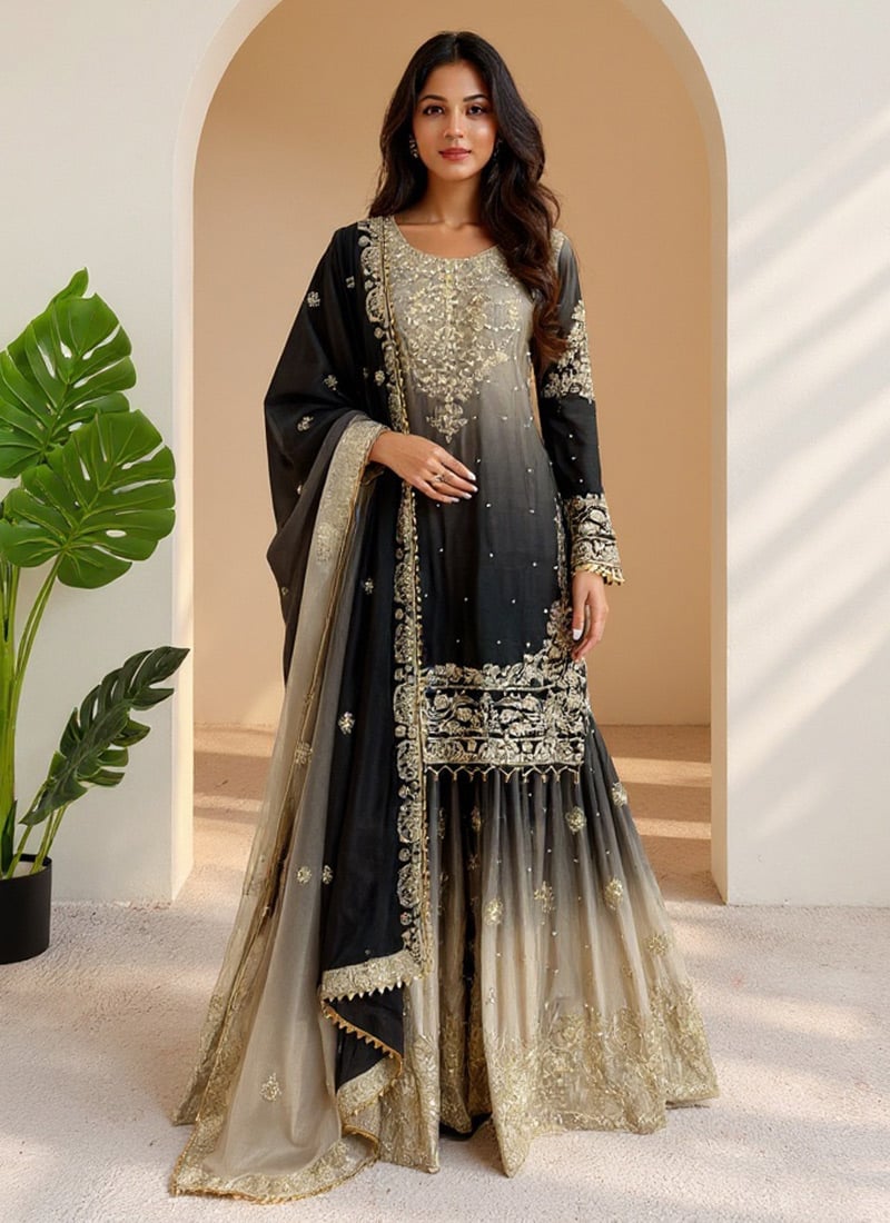 Grey Chinon Zari Sequins Moti Sharara Suit  Festive Wear
