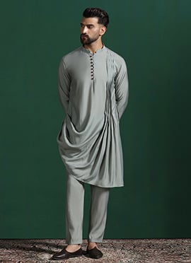 Grey Cotton Blend Solid Kurta Pyjama