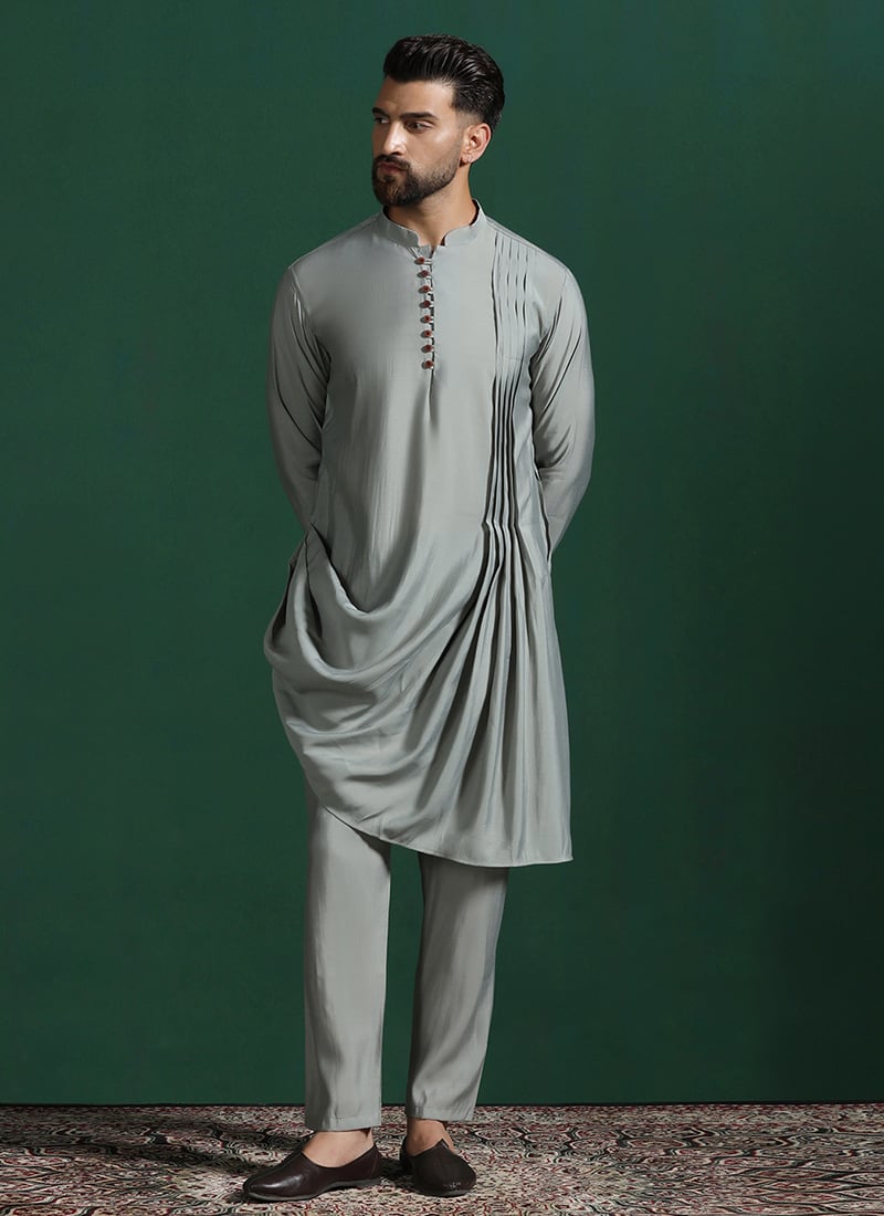 Grey Cotton Blend Solid Kurta Pyjama Festive Wear