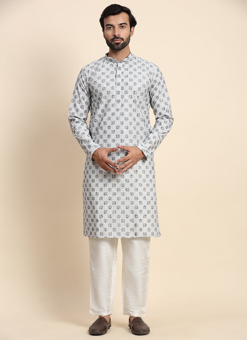 Grey Cotton Chikankari Kurta