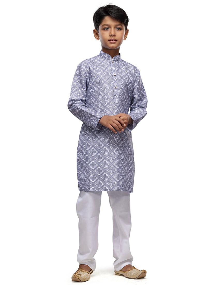 Grey Cotton Digital Print Classic Kids Kurta Pyjama For Young Boys Festive Wear