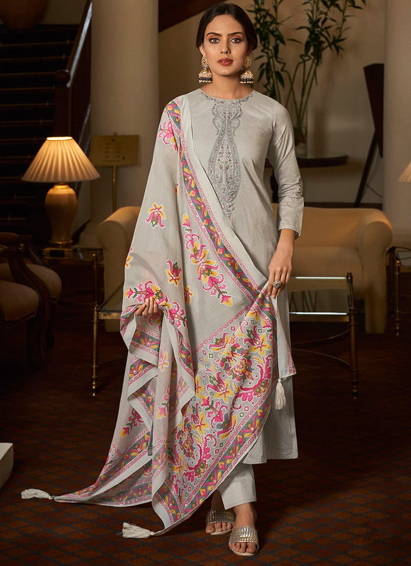 Grey Cotton Digital Print Embroidered Straight Pant Suit After Six Wear