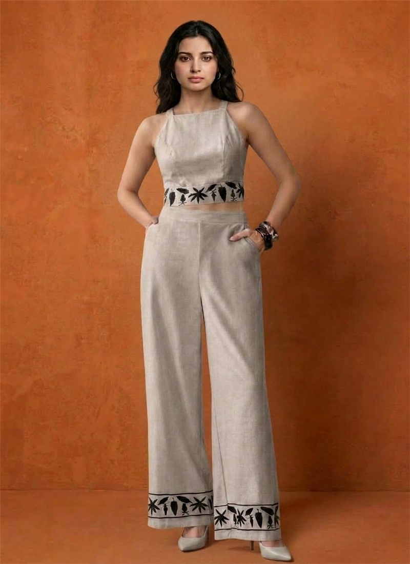 Grey Cotton Embroidered Crop Top Co-ord Set Work Wear