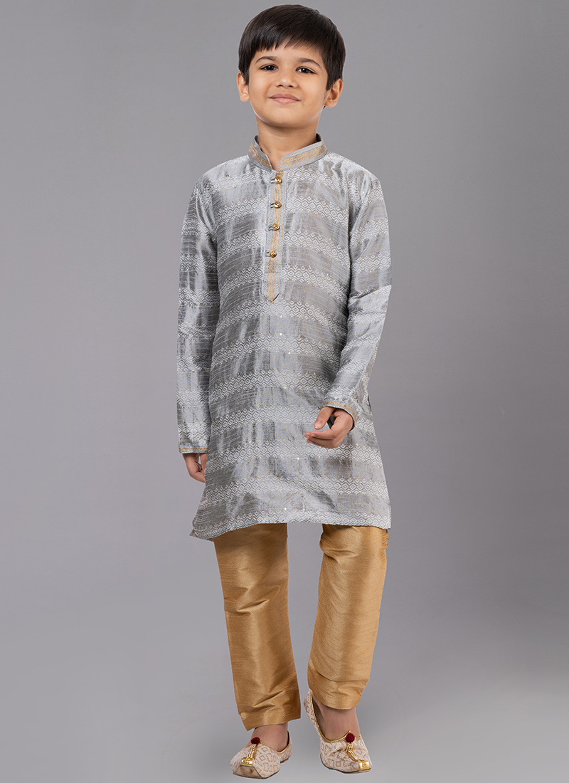 Grey Cotton Embroidered Kurta Pyjama Festive Wear