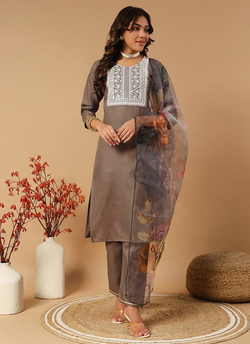 Grey Cotton Embroidered Straight Pant Suit With Digital Print Dupatta After Six Wear