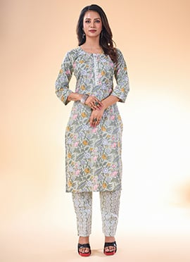 Grey Cotton Floral Printed Kurta Salwar Set Formal Wear For Women