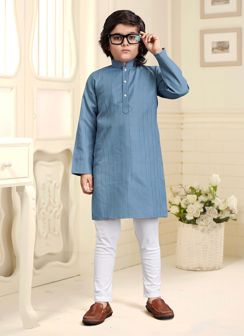 Grey Cotton Kids Kurta Pyjama Set With Refined Zari Detailing Festive Wear