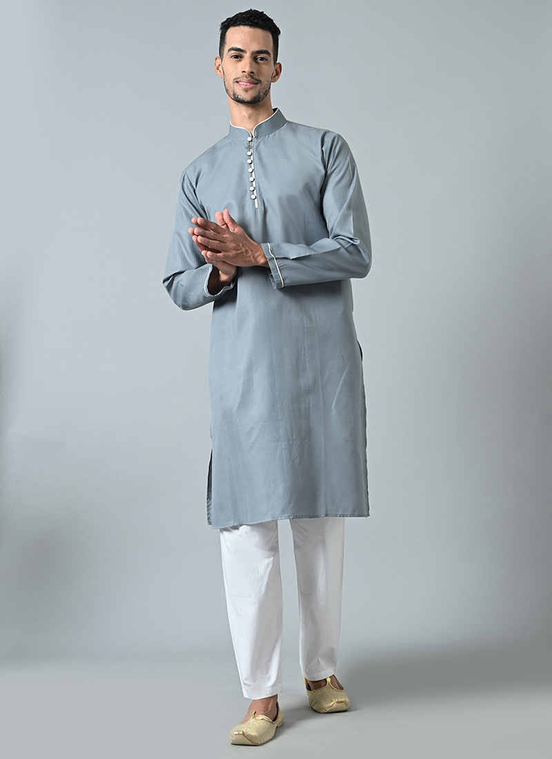 Grey Cotton Kurta Pyjama Festive Wear