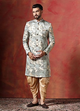 Grey Cotton Paisley Indowestern Sherwani Set