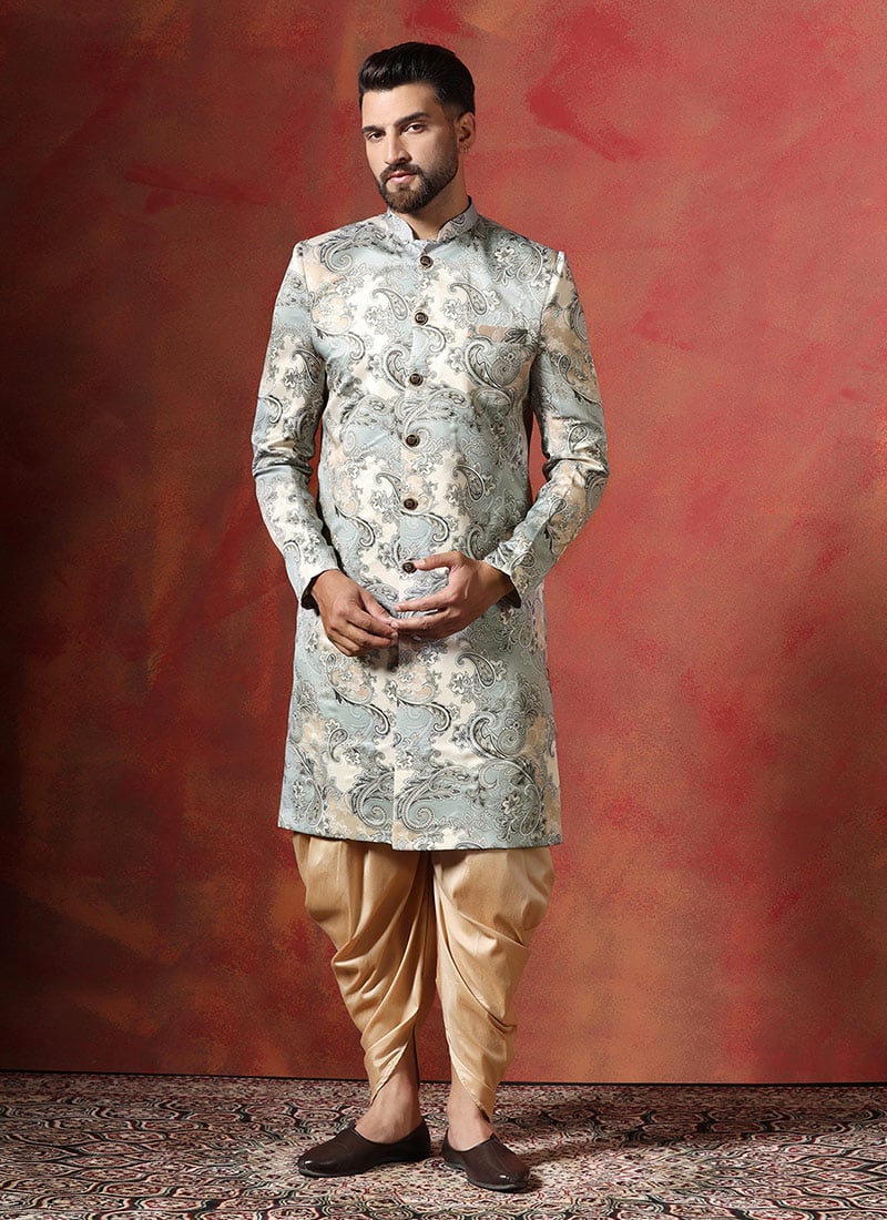 Grey Cotton Paisley Indowestern Sherwani Set Wedding Wear