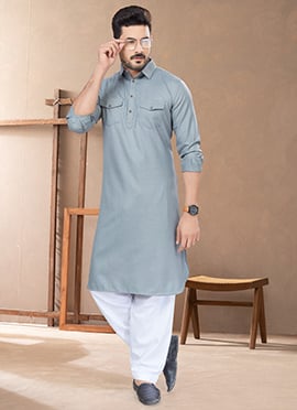 Grey Cotton Pathani Set For Men