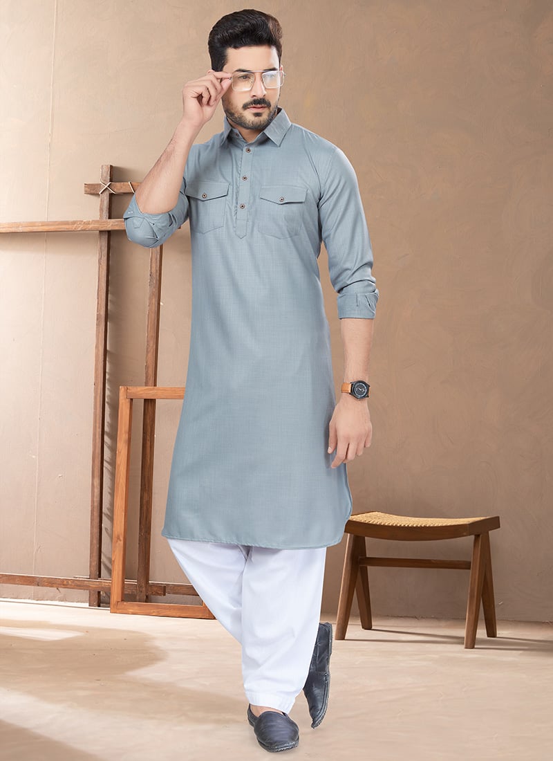 Grey Cotton Pathani Set For Men Festive Wear