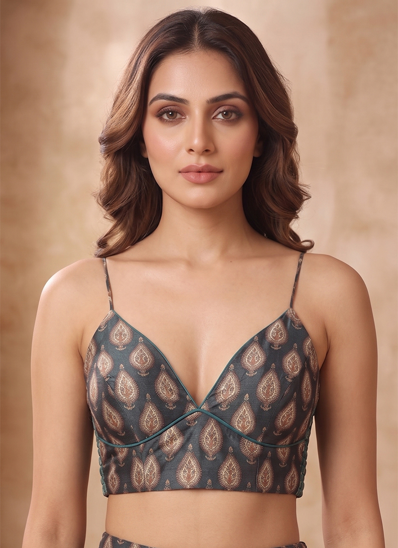 Grey Cotton Printed Blouse Party Wear