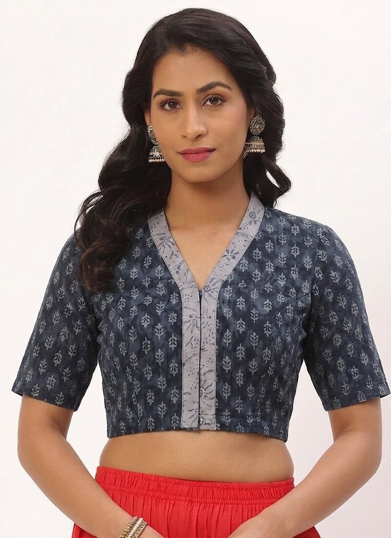 Grey Cotton Printed Blouse Work Wear