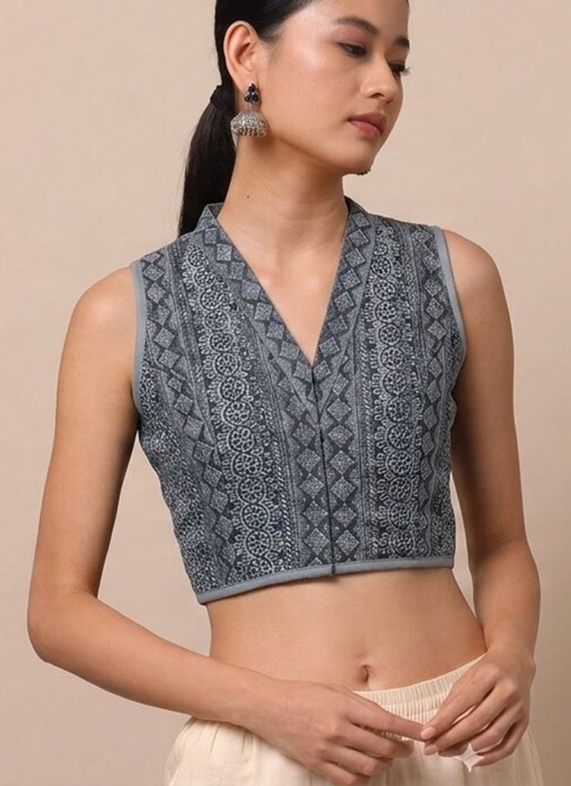 Grey Cotton Printed Classy Blouse Work Wear