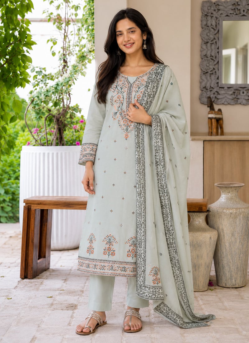Grey Cotton Printed Contemporary Straight Pant Suit Work Wear