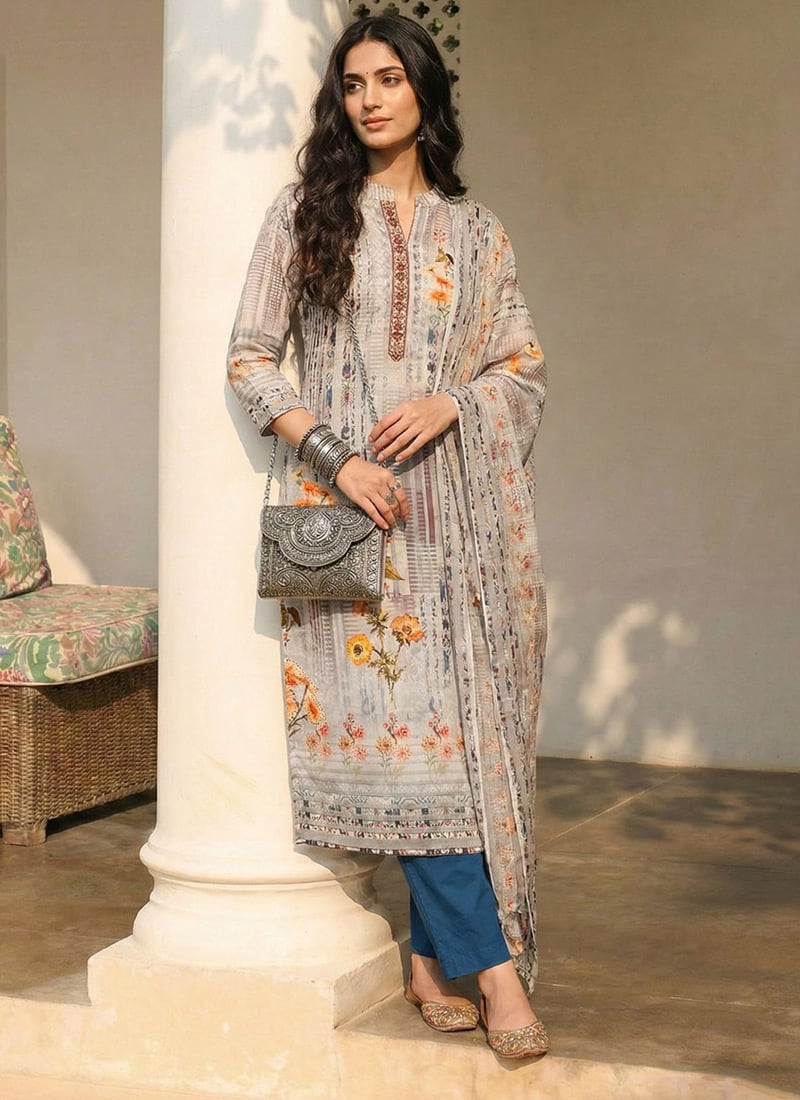 Grey Cotton Printed Embroidered Sequins Straight Pant Suit Festive Wear