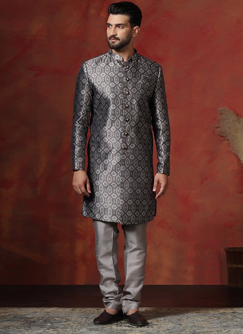 Grey Cotton Printed Indowestern Sherwani Set Wedding Wear