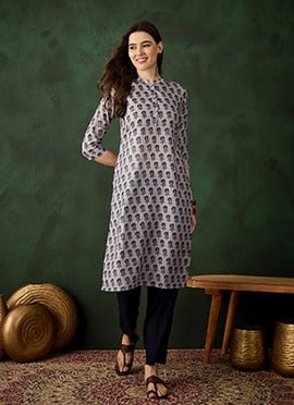 Grey Cotton Printed Knee Length Kurti