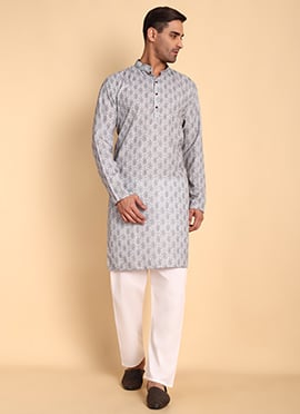 Grey Cotton Printed Kurta Pyjama Set