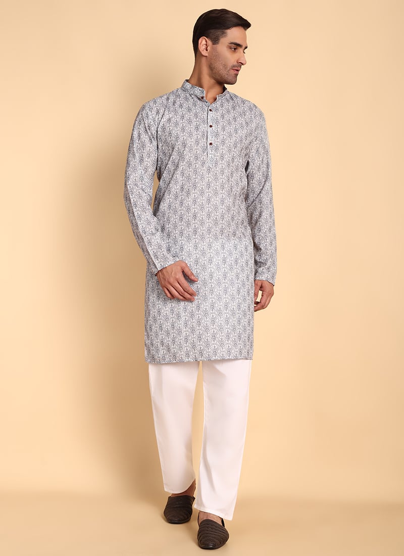 Grey Cotton Printed Kurta Pyjama Set Festive Wear