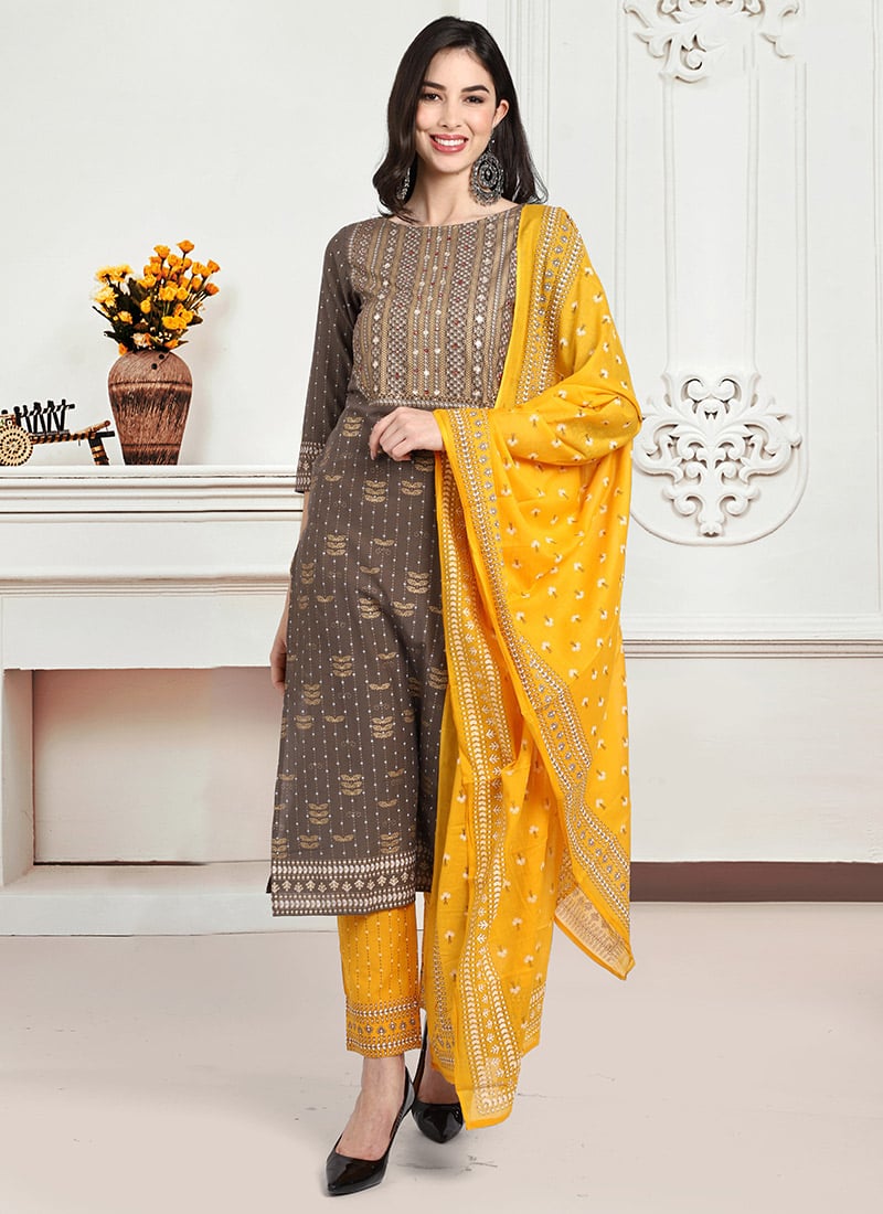 Brown Cotton Printed Straight Pant Suit Work Wear