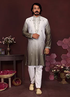 Grey Cotton Silk Embroidered Sequins Kurta Pyjama Set