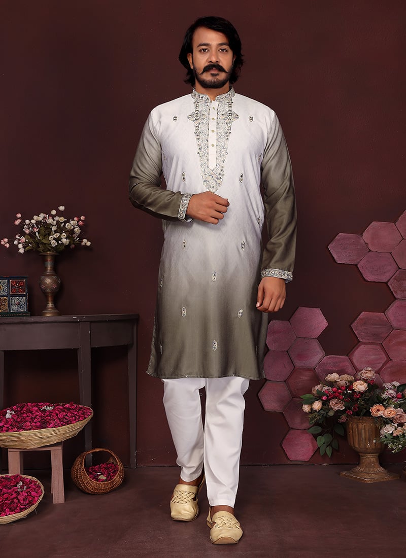 Grey Cotton Silk Embroidered Sequins Kurta Pyjama Set Festive Wear