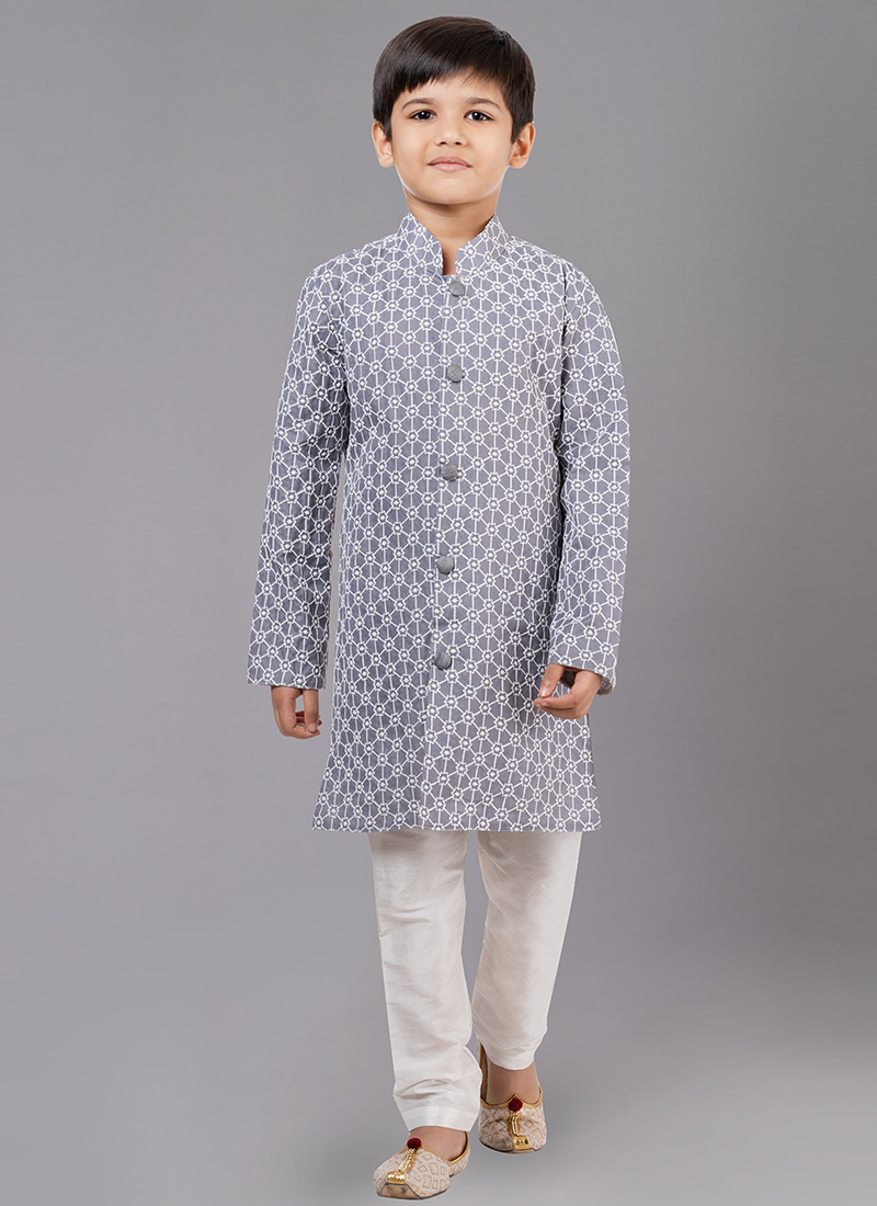 Grey Cotton Silk Embroidery Kurta Pyjama Party Wear