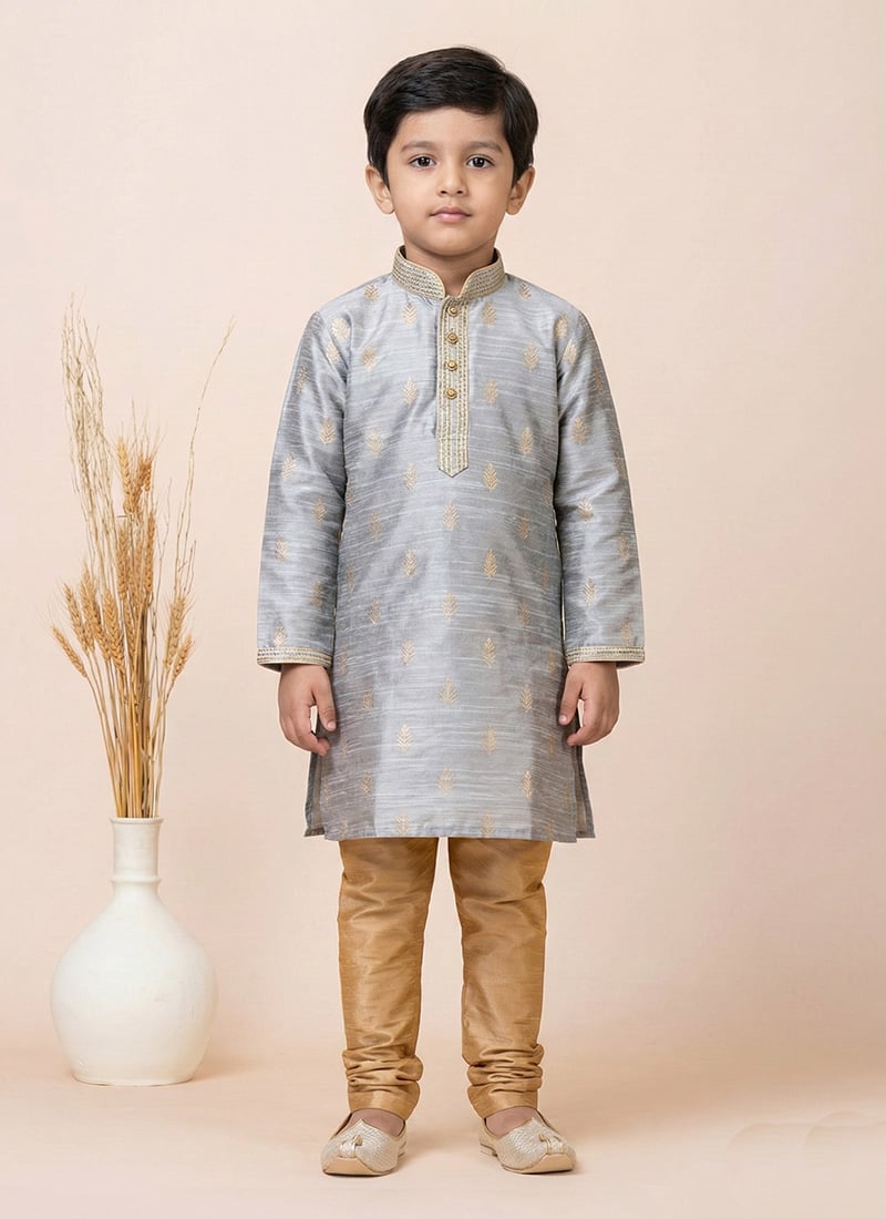 Grey Cotton Silk Jacquard Kids Kurta Pyjama Festive Wear