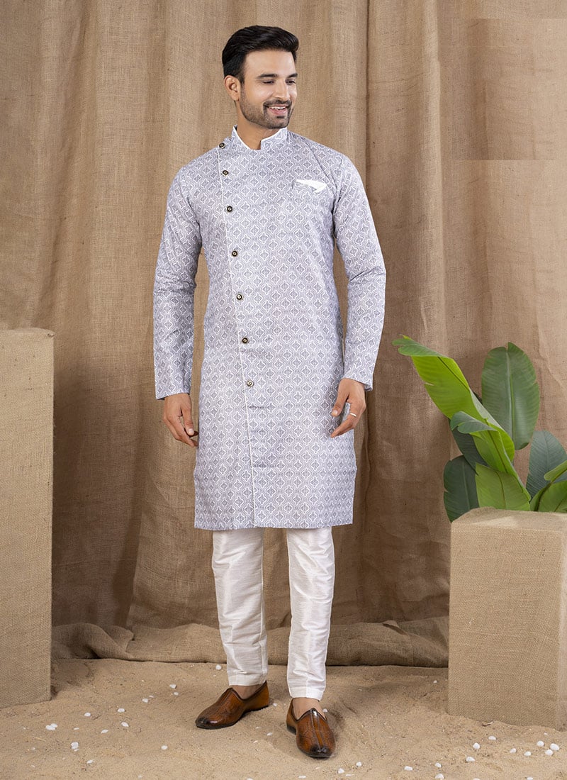 Grey Cotton Silk Printed Indowestern Sherwani Festive Wear
