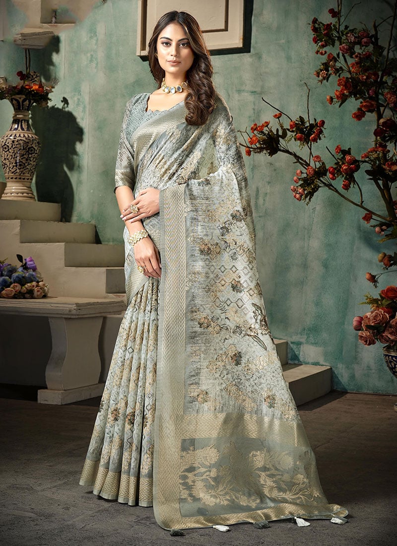 Grey Cotton Silk Printed Work Saree - SAMKNSK2205