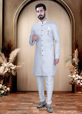 Grey Cotton Silk Sequins Indowestern Sherwani  For Men
