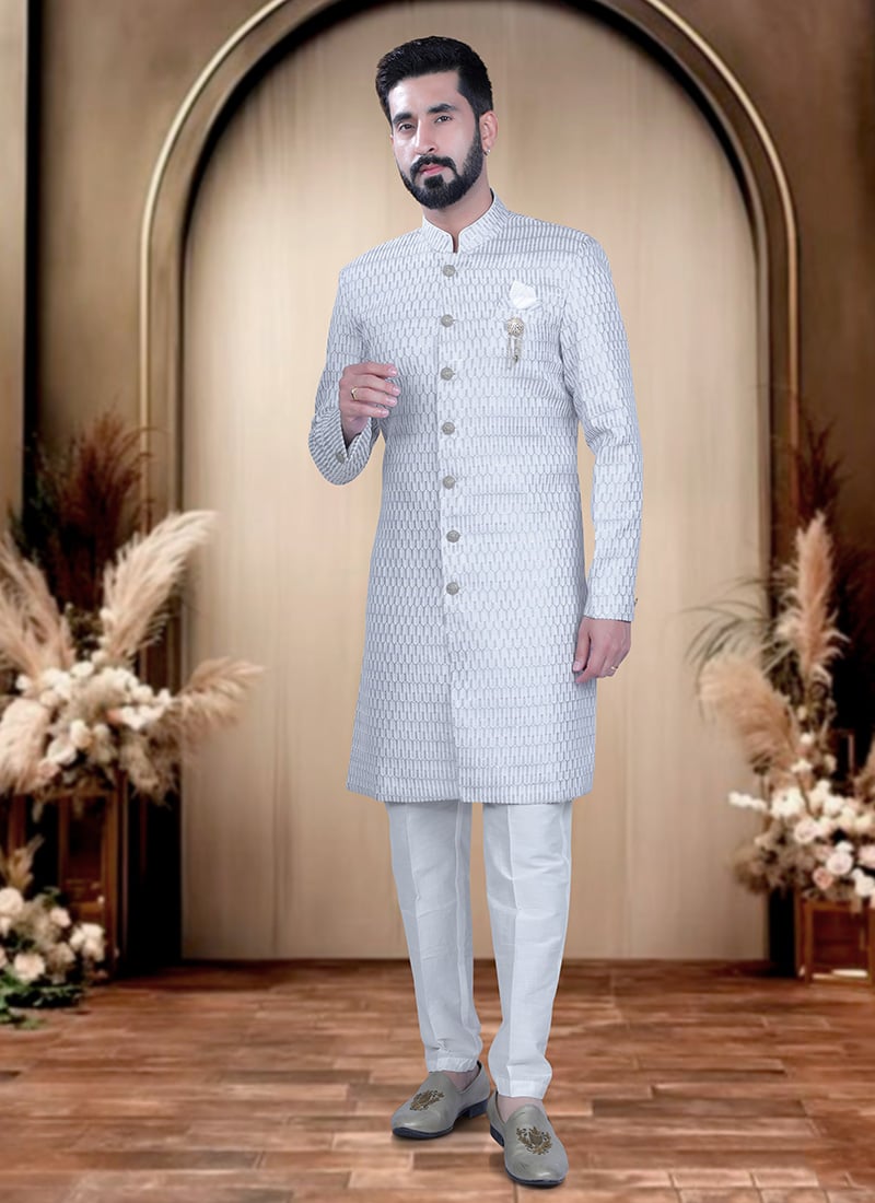 Grey Cotton Silk Sequins Indowestern Sherwani For Men Wedding Wear