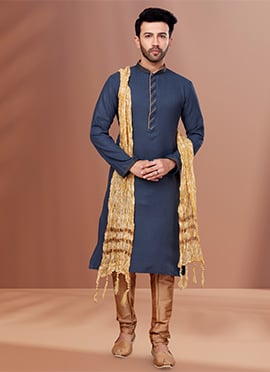 Grey Cotton Solid Stitch Kurta Pyjama With Mandarin Collar