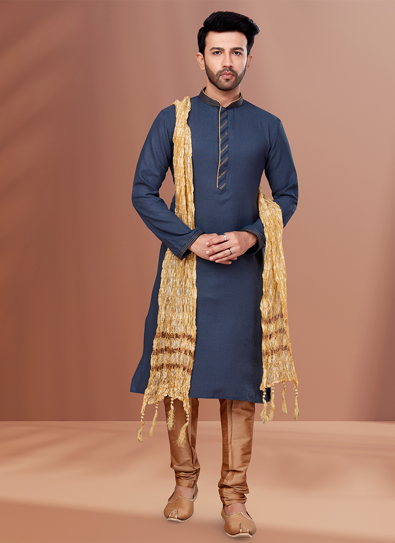 Grey Cotton Solid Stitch Kurta Pyjama With Mandarin Collar