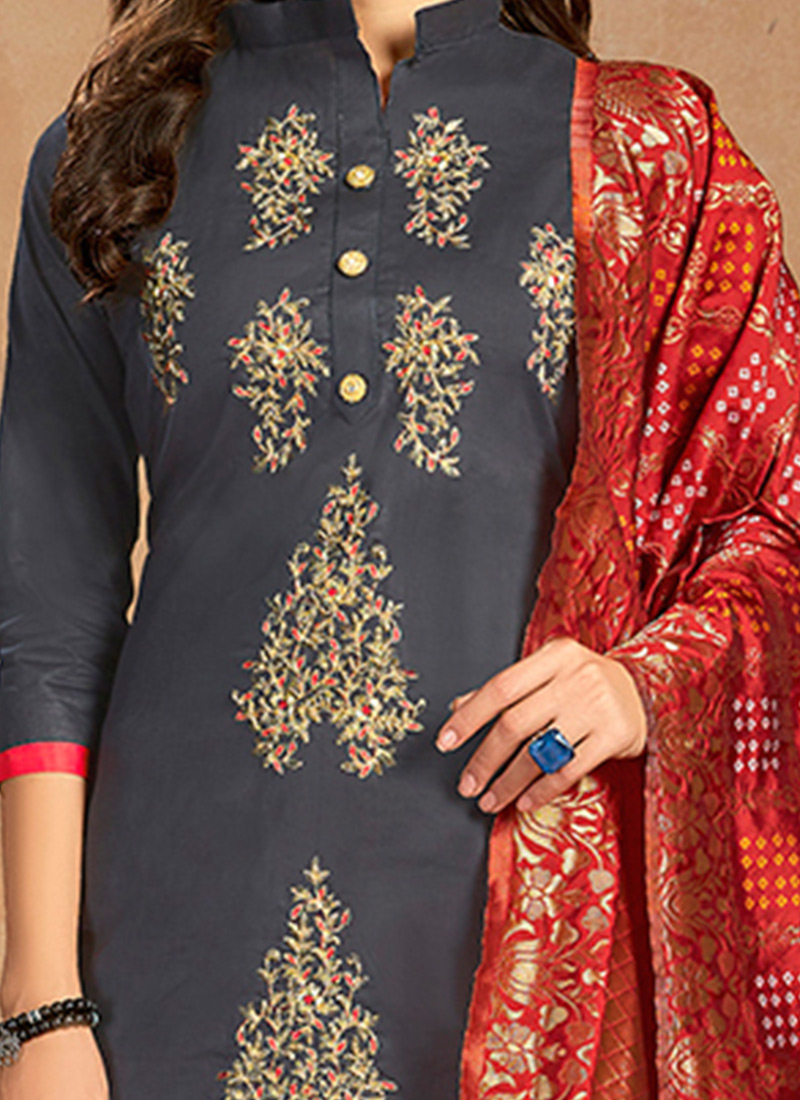 Buy Grey Cotton Straight Pant Suit, Embroidered, straight pant suit