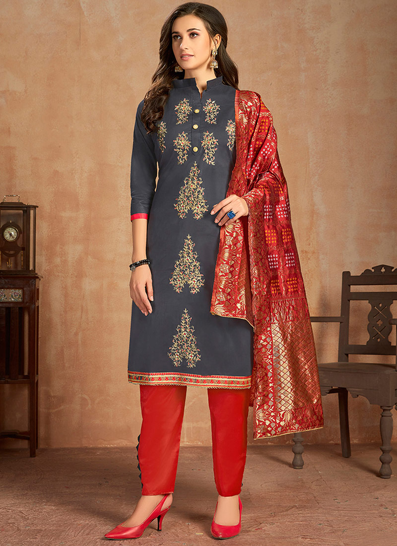 Buy Grey Cotton Straight Pant Suit, Embroidered, straight pant suit