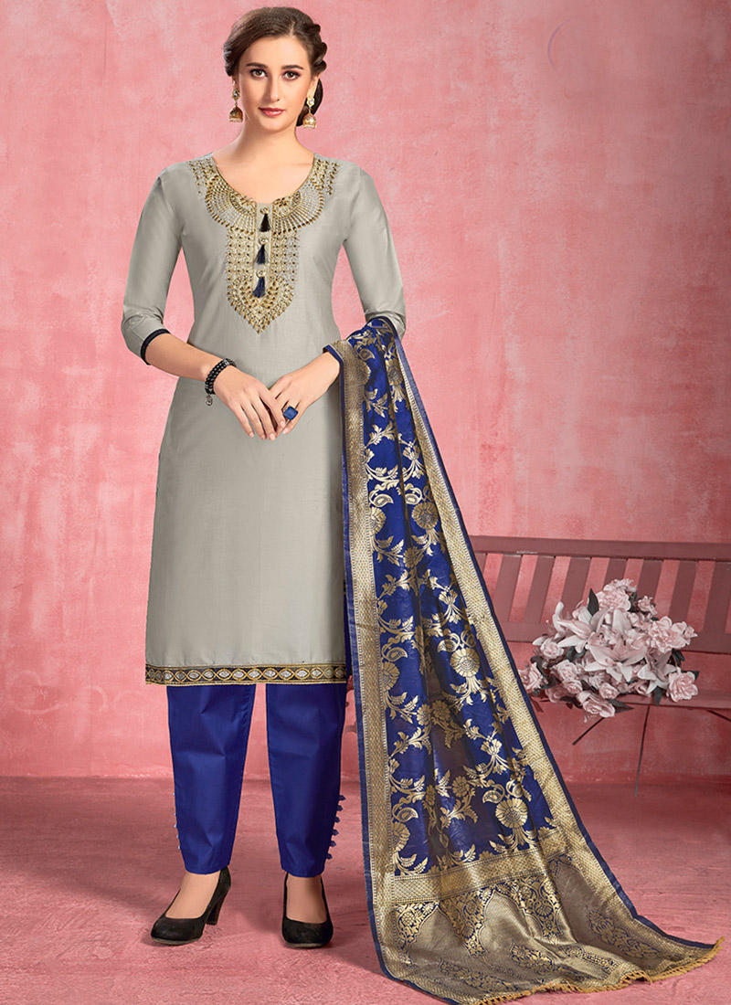 Buy Grey Cotton Straight Pant Suit Work Wear, Embroidered, straight