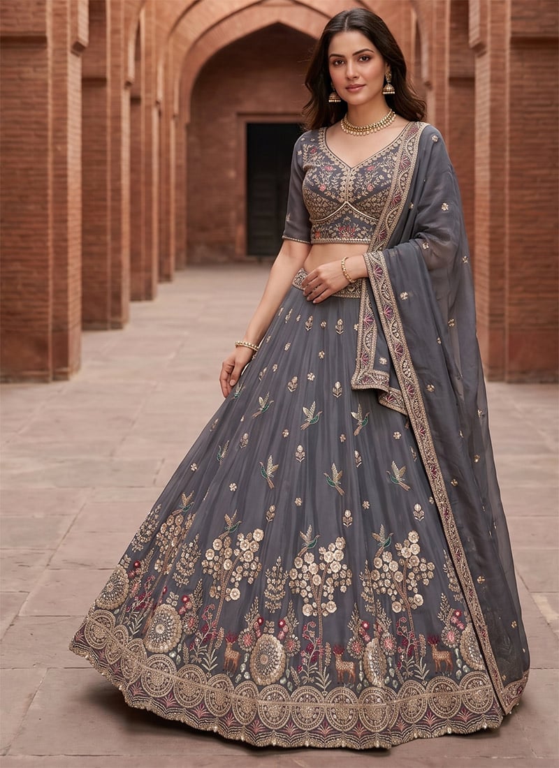 Grey Crepe Embroidered Lehenga After Six Wear